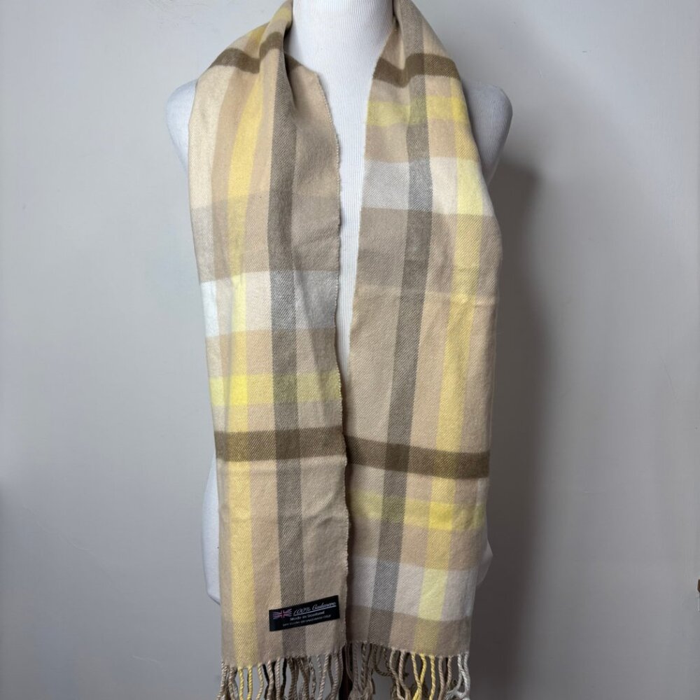 100% Cashmere Made in Scotland Plaid Check Beige Camel Yellow Fringe Scarf - Picture 3 of 6
